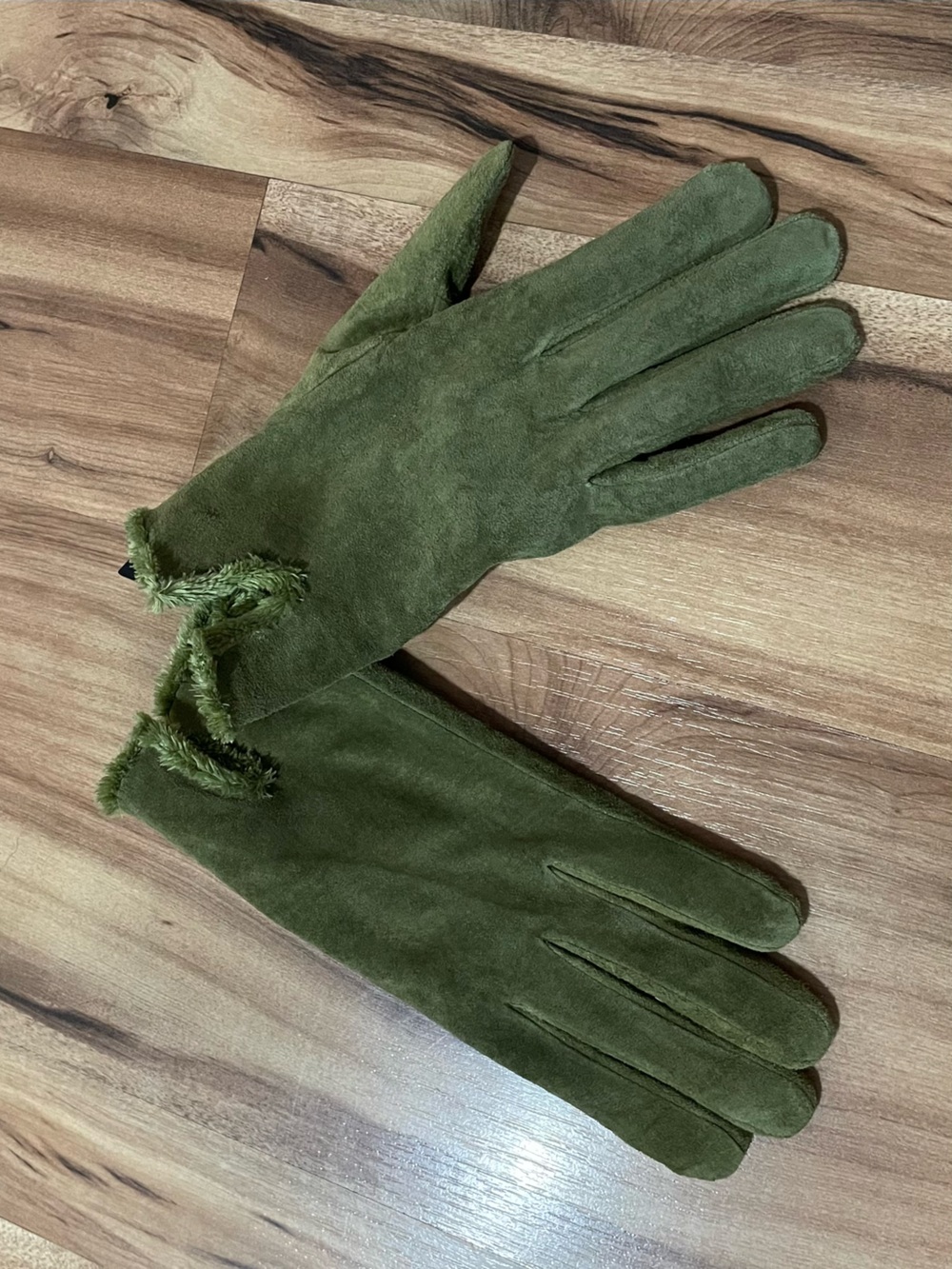 NWOT Vintage Aris 115 Green Suede Leather Fur Trim Gloves Size L Style 88559